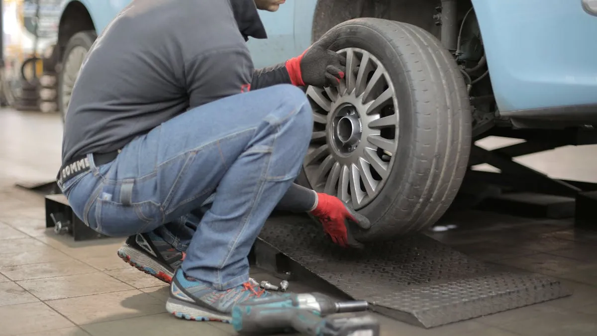 A car in an airport car park having a tyre fitted before a flight