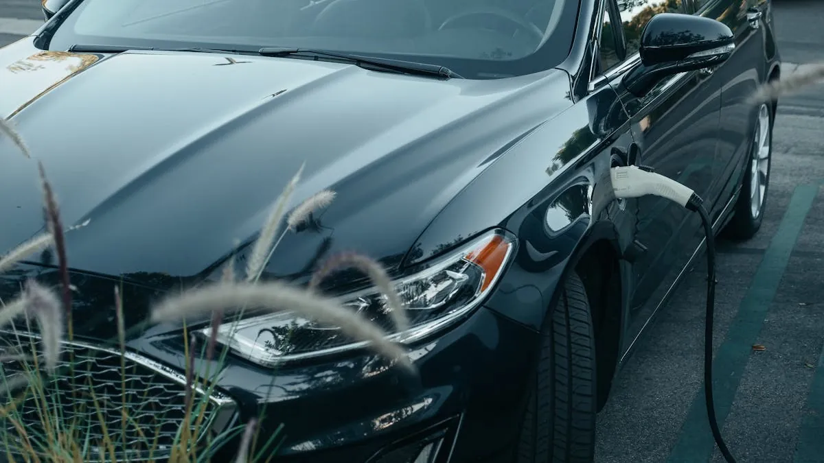 A hybrid car on a city street with the focus on its low-resistance tyres